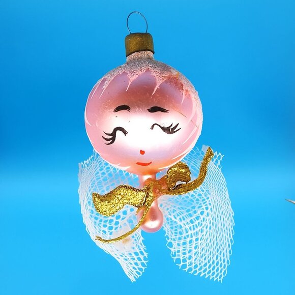 Vintage Pink Glass Angel Ornament • 1960s Japan • White Frosted Hair • Sleepy Ey - Picture 3 of 9
